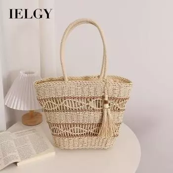 IELGY модная соломенная сумка через плечо с бахромой, праздничная пляжная женская сумка ручной работы с бахромой бежевый