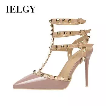 IELGY Модные женские сандалии на тонком каблуке 10 см из лакированной кожи с заклепками и полыми римскими высокими каблуками 34 белый