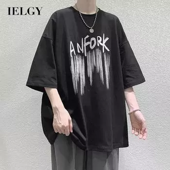 IELGY Мужская футболка в гонконгском стиле с короткими рукавами, летняя свободная повседневная одежда в Корейском стиле, трендовая верхняя одежда в стиле хип-хоп с пятью точками рукавов M чёрный