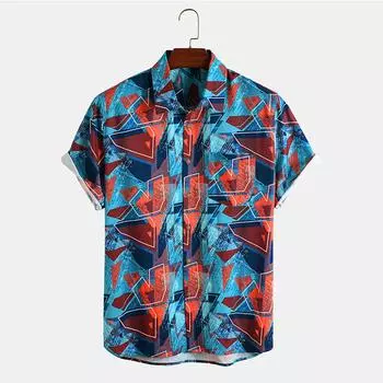 IELGY Мужская рубашка с принтом, повседневная рубашка-поло с короткими рукавами, праздничная M синий