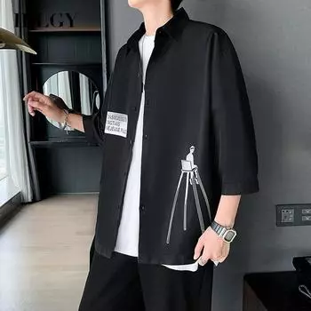 IELGY Мужская рубашка со средними рукавами, черно-белая, трендовая, с индивидуальным принтом M чёрный