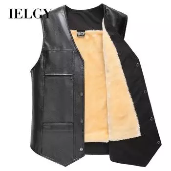 IELGY мужской жилет из искусственной кожи, новый зимний теплый жилет с бархатной подкладкой для среднего возраста и пожилых людей большого размера XL чёрный