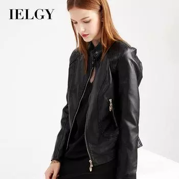 IELGY/Новая весенне-осенняя женская кожаная куртка, темперамент, большой размер, воротник-стойка, искусственная кожа, женская кожаная куртка, женская кожаная куртка S чёрный