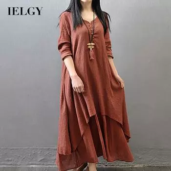 IELGY Новое поддельное длинное литературное и большое льняное свободное платье из хлопка и льна с длинными рукавами M белый