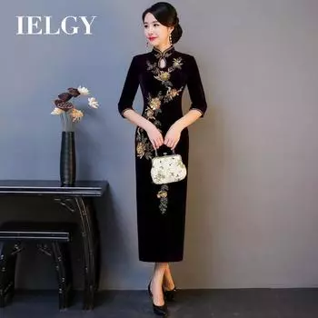 IELGY Новый Cheongsam, длинная юбка Cheongsam с золотыми бархатными пайетками и планкой из пипа, однослойная юбка Cheongsam с семиточечными рукавами