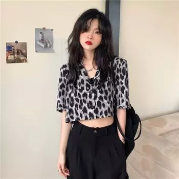 IELGY, новый летний костюм в стиле ретро, свободная короткая рубашка с леопардовым принтом и воротником, темпераментный топ с короткими рукавами и пупком для женщин