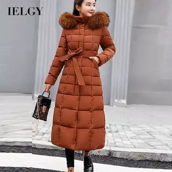 IELGY облегающая куртка на хлопковой подкладке в корейском стиле, женская длинная стеганая куртка длиной выше колена со съемным меховым воротником и капюшоном M белый