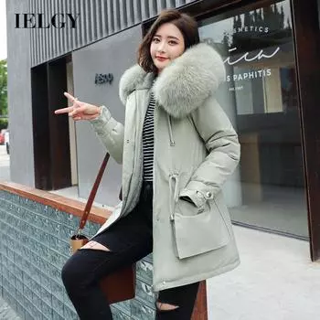 IELGY Parker Cotton New Style Korean Winter Coat Female Self-cultivation Waist Big Fur Collar Quilted Jacket To Overcome M хаки