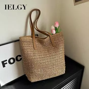IELGY Пляжная сумка для отдыха и отпуска, модная соломенная сумка, универсальная женская сумка через плечо для пригородных поездок бежевый