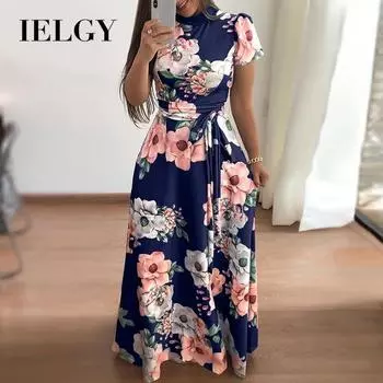 IELGY, популярная женская одежда, новая женская юбка с цветочным принтом и короткими рукавами, большая распашная юбка S синий