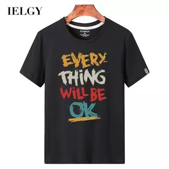 IELGY Повседневная базовая мужская футболка большого размера, черная с буквами, свободная хлопковая футболка с короткими рукавами, спортивная