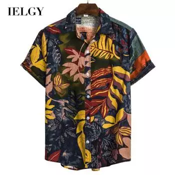 IELGY повседневные рубашки с лацканами и принтом, с короткими рукавами, модная льняная мужская одежда, тонкая, универсальная S синий