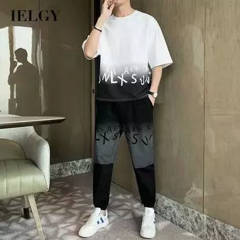 IELGY повседневный костюм мужской градиент цвета хип-хоп летняя корейская версия модных брендовых брюк и одежды с короткими рукавами набор словосочетаний S белый