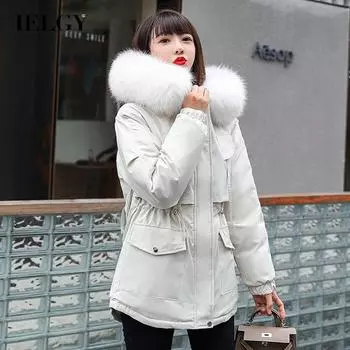 IELGY Пуховик средней длины, корейская версия свободной бархатной утолщенной куртки с большим меховым воротником M хаки