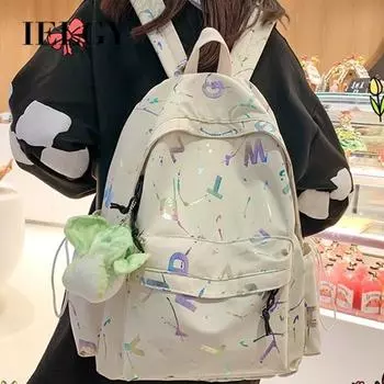 IELGY японский рюкзак с принтом букв, женский универсальный маленький свежий рюкзак, высококачественный милый школьный рюкзак на молнии (с подвеской) чёрный