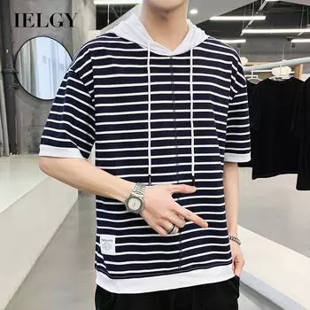 IELGY Рубашка с половиной рукавов Полосатая футболка с короткими рукавами с капюшоном Повседневная модная контрастная цветная свободная тканевая нашивка мужская M серый