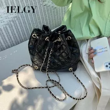 IELGY Рюкзак женский, универсальный, повседневный, с ромбической цепочкой, сумка-ведро со шнурком и шнурком для рта белый