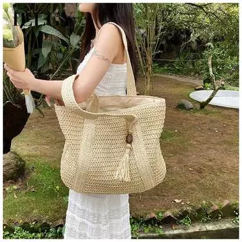 IELGY Соломенная пляжная сумка, летняя плетеная сумка, сумка с бахромой бежевый