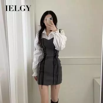 IELGY студенческое короткое платье в корейском стиле в стиле ретро с пышными рукавами и бретелями S чёрный