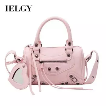 IELGY Сумка Boston в стиле Spice Girl премиум-класса с заклепками, нишевая сумка через плечо в стиле локомотива чёрный