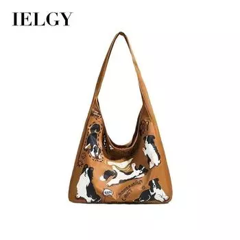 IELGY Сумка на плечо в корейском стиле в стиле ретро, повседневная холщовая сумка большой вместимости с милым щенком и принтом коричневый