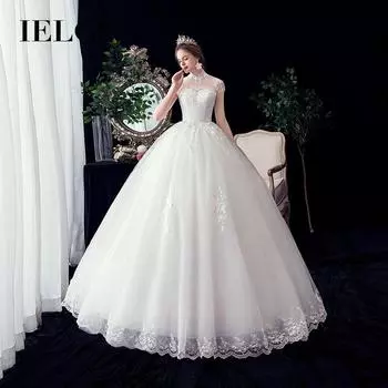 IELGY свадебное платье женская тонкая юбка с воротником-стойкой и цветочным принтом на плечах кружевное белое платье S белый