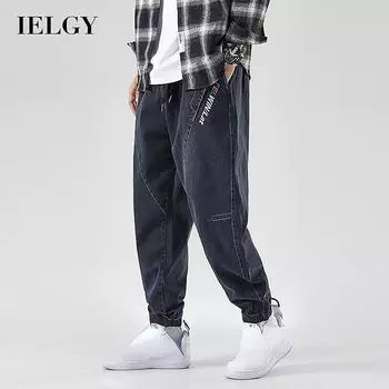 IELGY уличный стиль мужские джинсы тонкие модные вышивки корейская версия черные повседневные брюки из микро стрейча большого размера