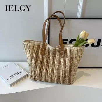 IELGY Винтажная большая вместительная соломенная текстурированная тканая сумка через плечо для пляжного отдыха хаки