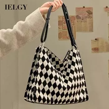 IELGY Высококачественная сумка через плечо в черно-белую клетку с ромбами, большого объема, женская чёрный
