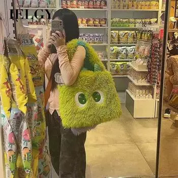 IELGY women s cute cartoon plush bag, versatile niche single shoulder large-capacity handbag зелёный