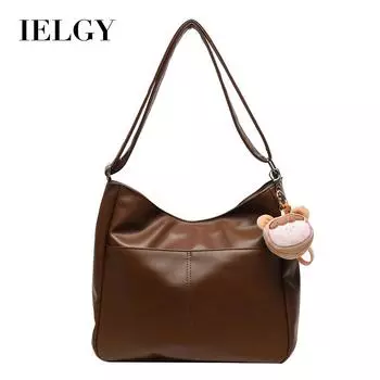 IELGY women s soft leather retro bucket bag, large-capacity crossbody shoulder tote bag (free pendant) чёрный