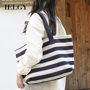 IELGY Японская повседневная холщовая сумка в литературном стиле, маленькая свежая полосатая сумочка, модная контрастная женская сумка через плечо чёрный