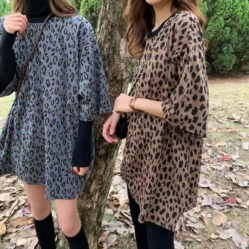 IELGY женская футболка с леопардовым принтом, топ средней длины в стиле Харадзюку, свободная основа с короткими рукавами, повседневная мода M коричневый