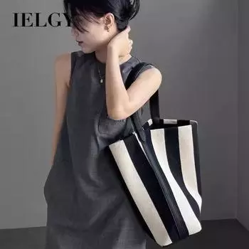 IELGY Женская холщовая сумка в полоску, большая вместительная сумка-тоут на плечо премиум-класса черный белый
