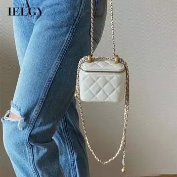 IELGY Женская мини-сумка через плечо с золотой шариковой цепочкой и квадратной помадой белый