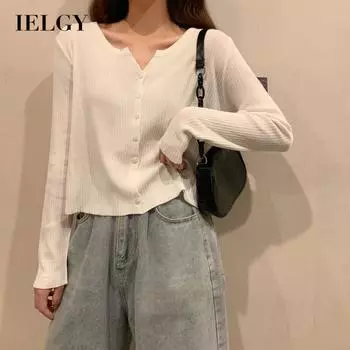 IELGY Женская одежда Универсальный вязаный кардиган однотонный тонкий топ свободный с длинными рукавами короткий One size абрикосовый