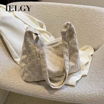 IELGY Женская плюшевая клетчатая сумка, ретро-сумка большой вместимости на одно плечо для повседневного ношения в руке (нет кулона) белый