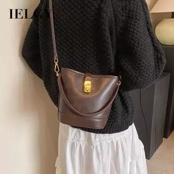 IELGY Женская простая сумка-ведро в стиле ретро, нишевая сумка через плечо с диагональным пролетом темный кофе