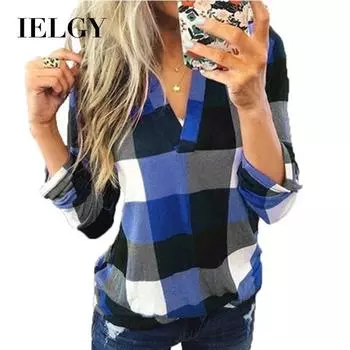 IELGY женская рубашка, новая повседневная рубашка в европейском и американском стиле с v-образным вырезом и клетчатым принтом
