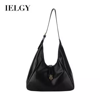 IELGY Женская сумка через плечо из мягкой кожи в стиле ретро, повседневная однотонная сумка-тоут, сумка через плечо с замком-тыквой. чёрный