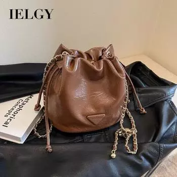 IELGY Женская сумка-ведро через плечо с цепочкой и шнурком чёрный