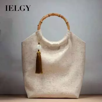 IELGY Женская тканевая сумка из хлопка и льна в стиле ретро с бамбуковой ручкой, повседневная портативная холщовая однотонная литературная сумка