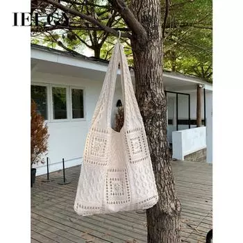 IELGY Женская вязаная сумка, винтажная полая сумка ручной вязки из шерсти через плечо абрикосовый