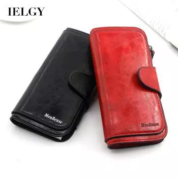 IELGY Женский длинный простой однотонный кошелек для монет из вощеной кожи коричневый