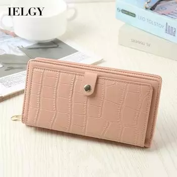 IELGY Женский кошелек из мягкой кожи с длинной пряжкой и каменным узором чёрный