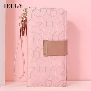 IELGY Женский розовый кошелек с длинными секциями и ромбом большой вместимости чёрный