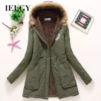 IELGY зимняя куртка средней длины на хлопковой подкладке, утолщенная куртка с капюшоном и большим меховым воротником, куртка на хлопковой подкладке S хаки