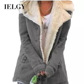 IELGY зимняя повседневная однотонная куртка женская одежда теплая с длинными рукавами с лацканами плюс бархатный хлопок S хаки