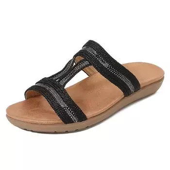 IELTS Run Большие полые сандалии с плоской подошвой и стразами, удобные женские туфли Bohemian Wind Electric Embroidery Лето 35 чёрный