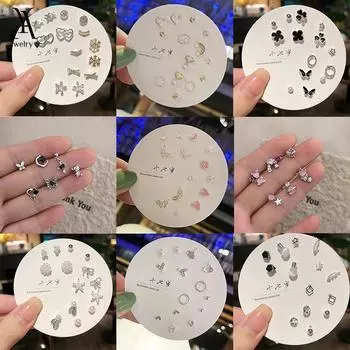 IF ME 12 пар/компл. розовые серьги-гвоздики с бабочками и цирконами, серьги-гвоздики с кристаллами и сердечками для женщин, ювелирные аксессуары